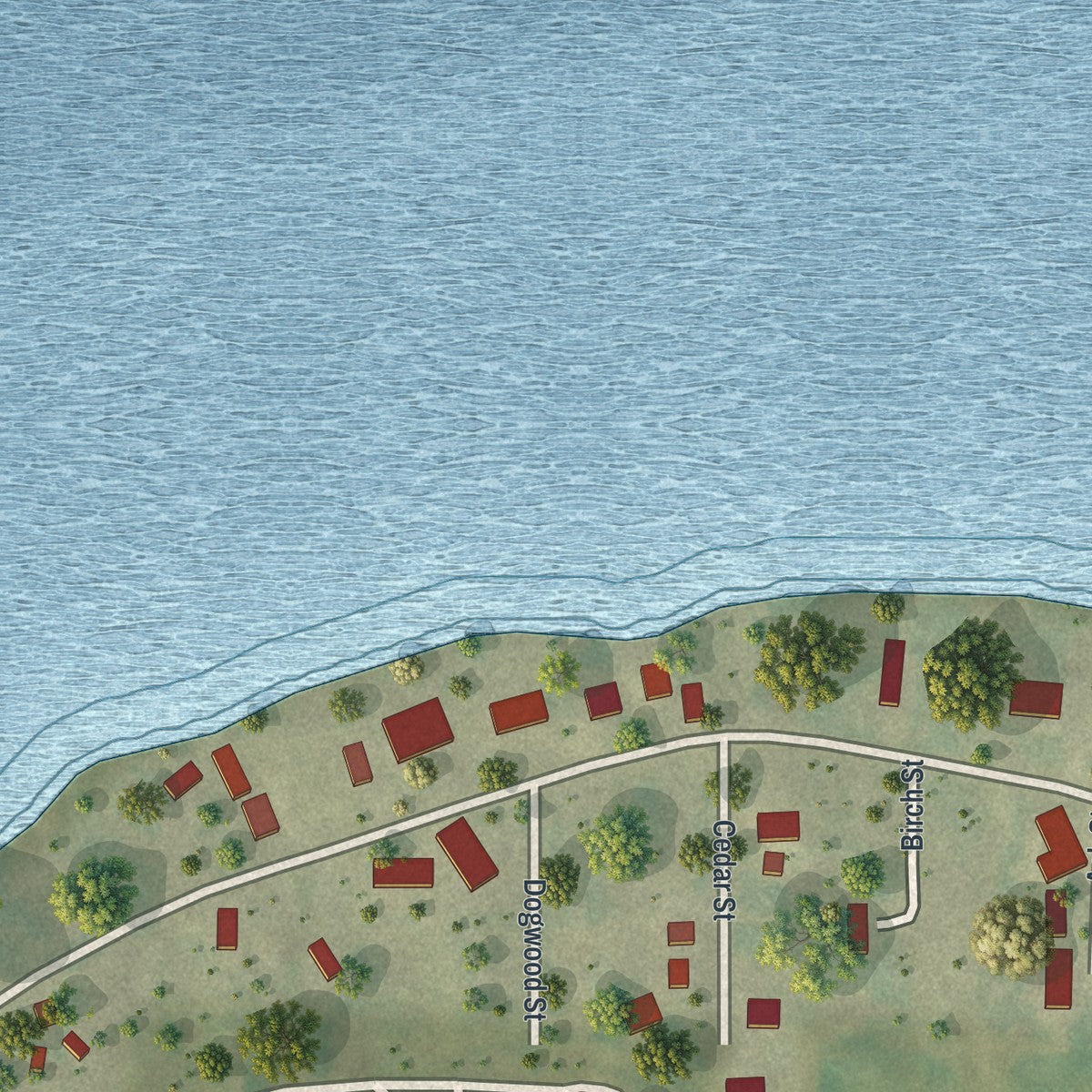 Close-up of the map of Lewis and Clark Village, Missouri print showing street and building detail