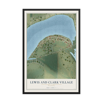 Map of Lewis and Clark Village, Missouri, 12 x 18 inch print in a black wood frame