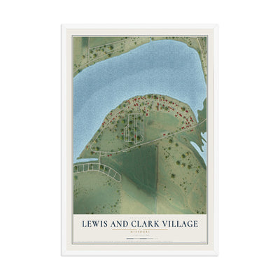 Map of Lewis and Clark Village, Missouri, 12 x 18 inch print in a white wood frame