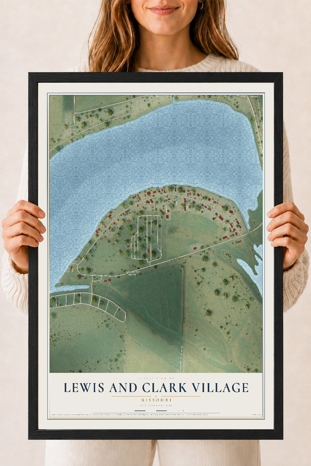 Map of Lewis and Clark Village, Missouri, 18 x 24 inch print in a black wood frame