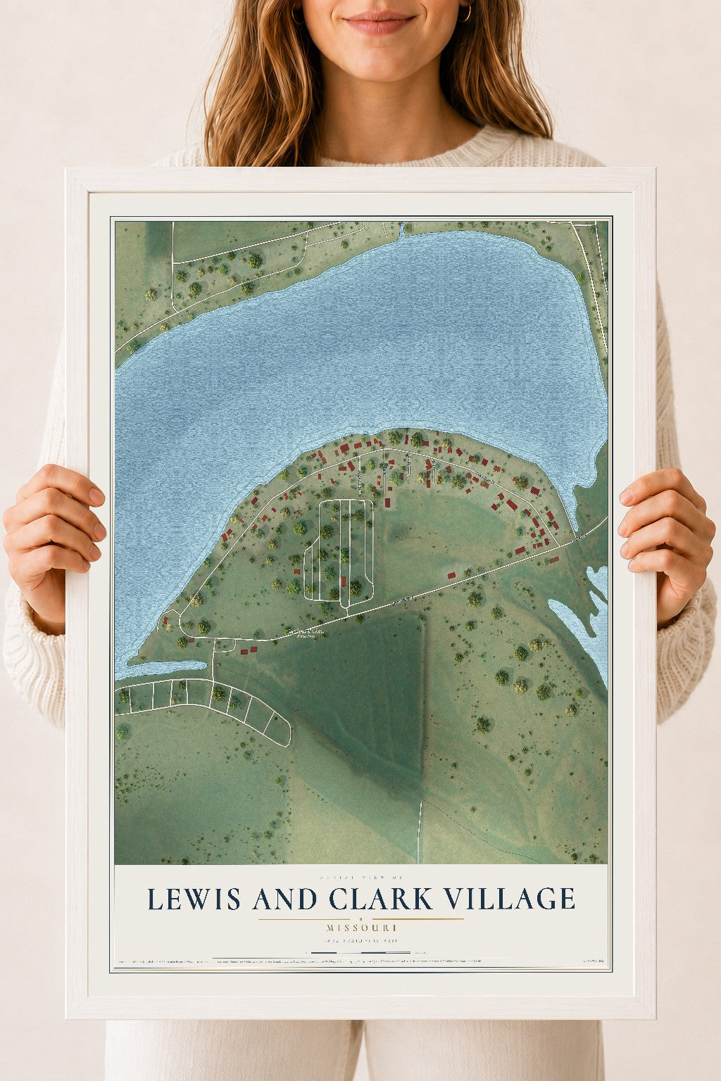 Map of Lewis and Clark Village, Missouri, 18 x 24 inch print in a white wood frame