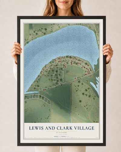 Map of Lewis and Clark Village, Missouri, 24 x 36 inch print in a black wood frame