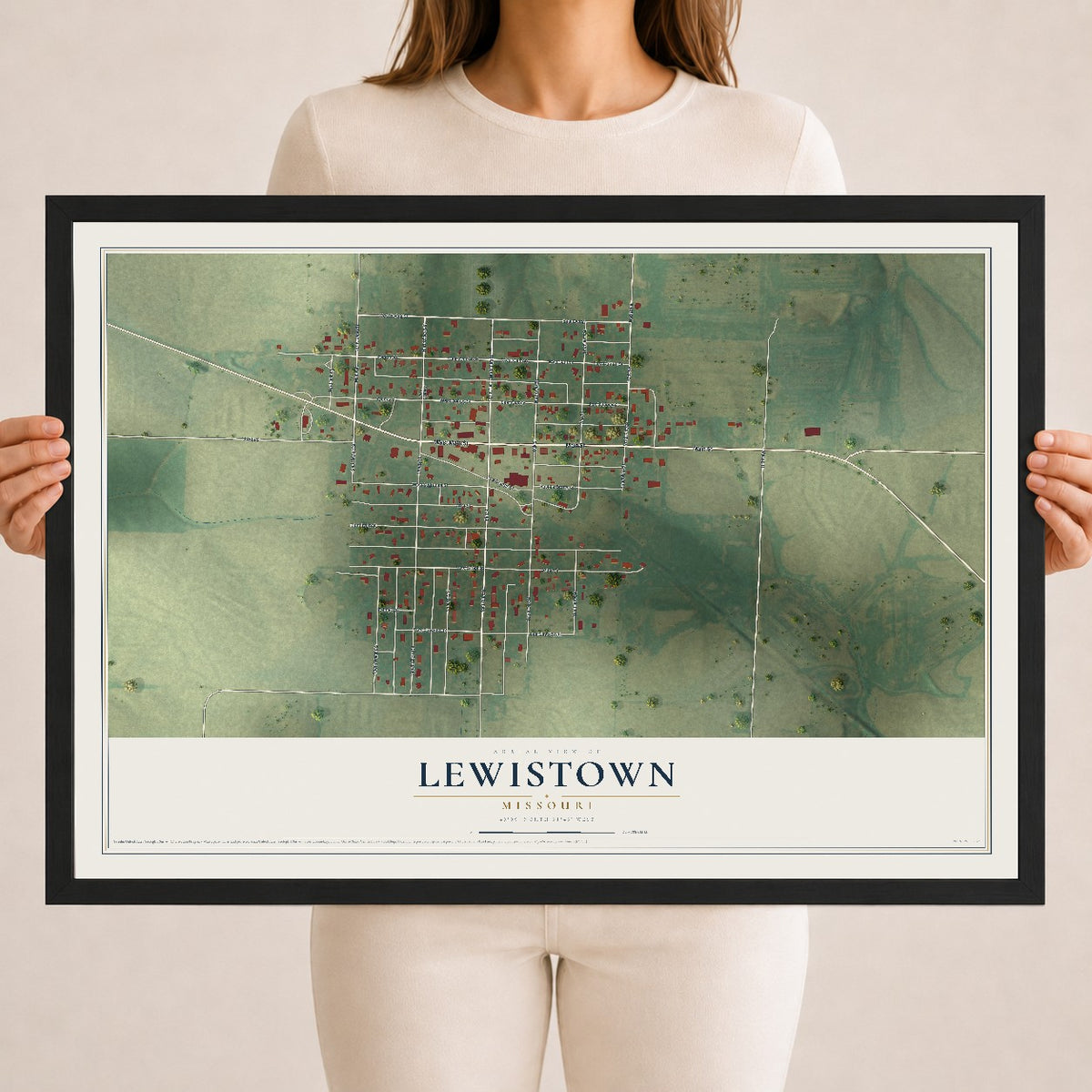 Map of Lewistown, Missouri, 18 x 24 inch print in a black wood frame