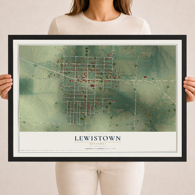 Map of Lewistown, Missouri, 18 x 24 inch print in a black wood frame