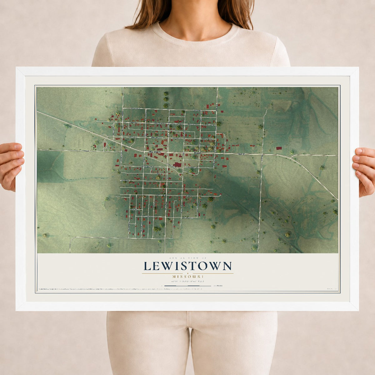 Map of Lewistown, Missouri, 18 x 24 inch print in a white wood frame