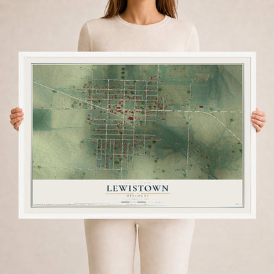 Map of Lewistown, Missouri, 24 x 36 inch print in a white wood frame