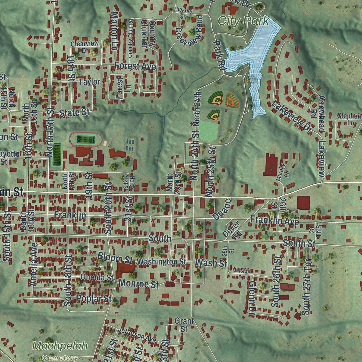 Close-up of the map of Lexington, Missouri print showing street and building detail