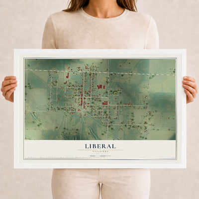 Map of Liberal, Missouri, 12 x 18 inch print in a white wood frame