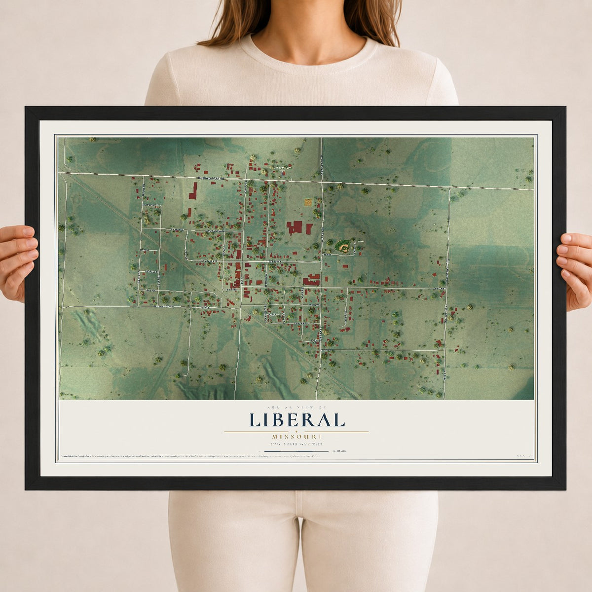 Map of Liberal, Missouri, 18 x 24 inch print in a black wood frame