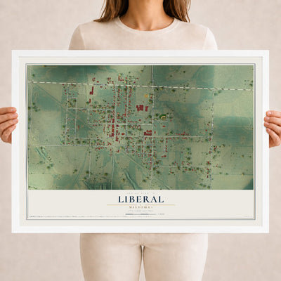 Map of Liberal, Missouri, 18 x 24 inch print in a white wood frame