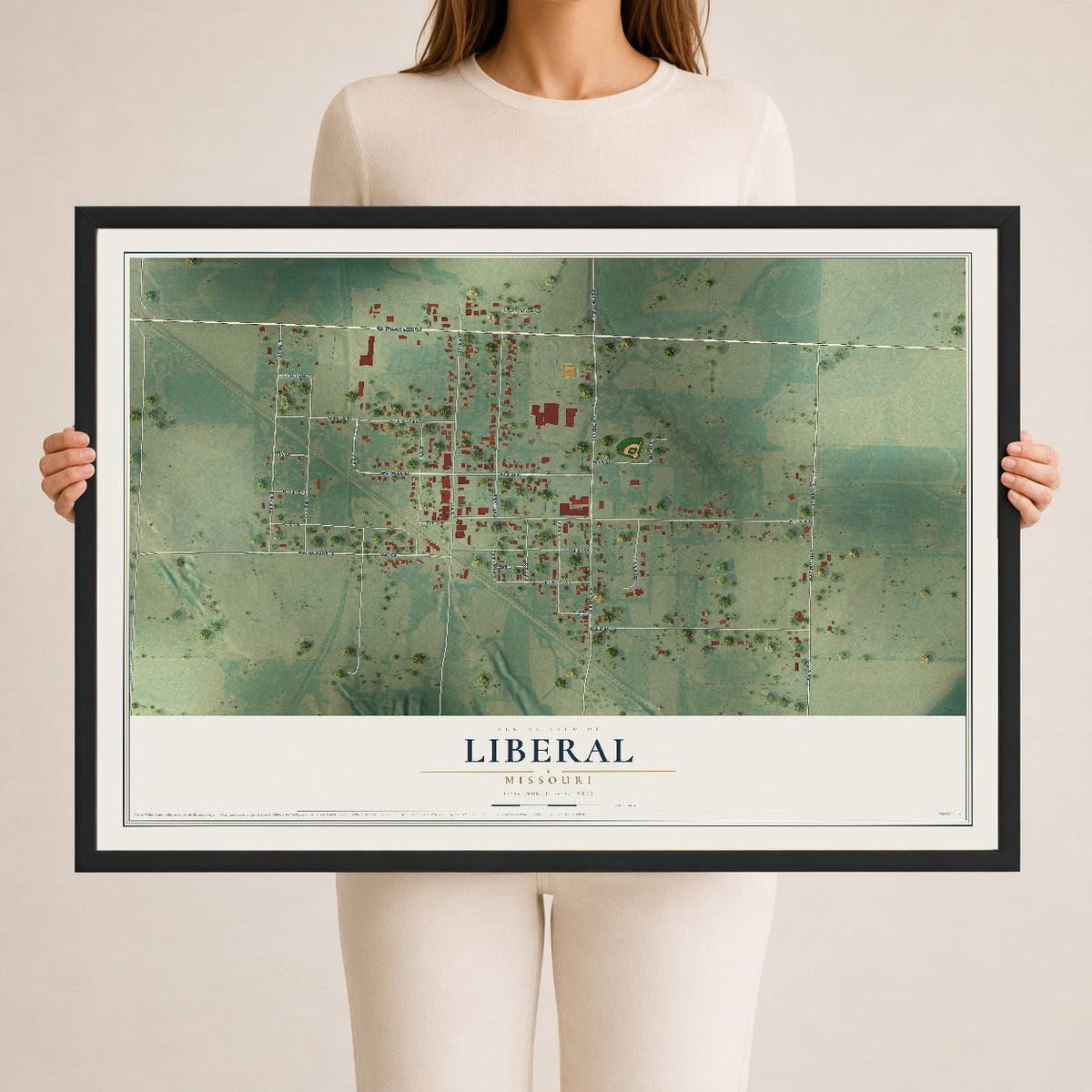 Map of Liberal, Missouri, 24 x 36 inch print in a black wood frame