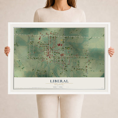 Map of Liberal, Missouri, 24 x 36 inch print in a white wood frame