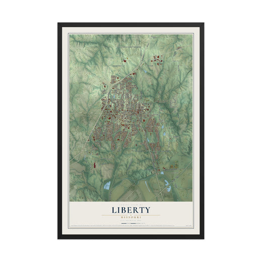Map of Liberty, Missouri, 12 x 18 inch print in a black wood frame