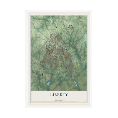 Map of Liberty, Missouri, 12 x 18 inch print in a white wood frame