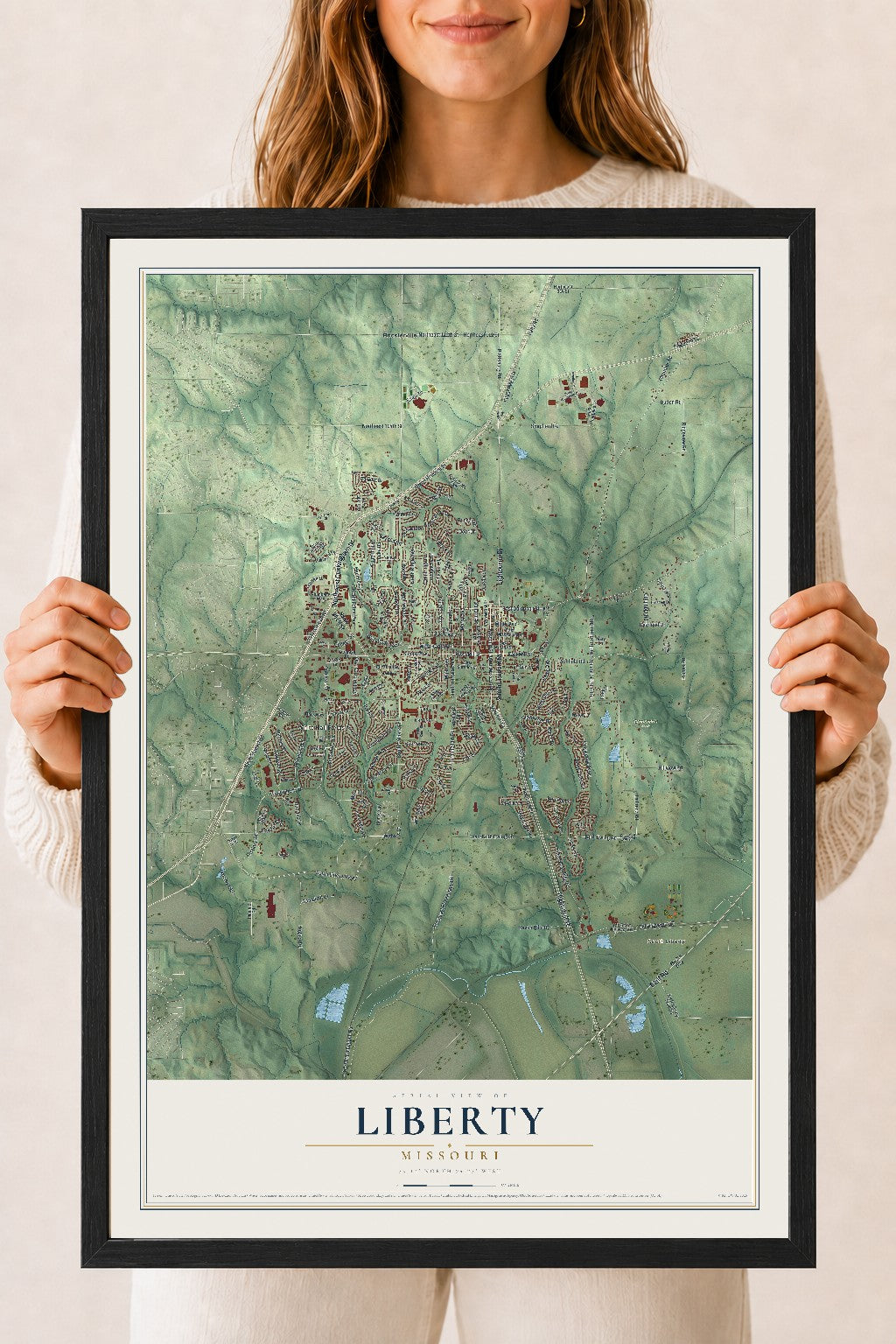 Map of Liberty, Missouri, 18 x 24 inch print in a black wood frame