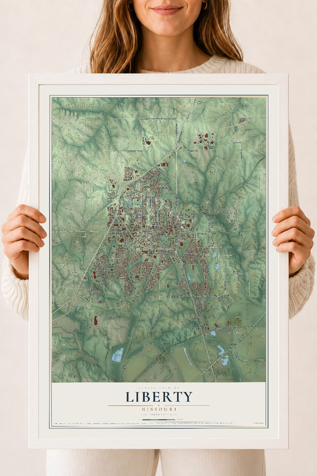Map of Liberty, Missouri, 18 x 24 inch print in a white wood frame