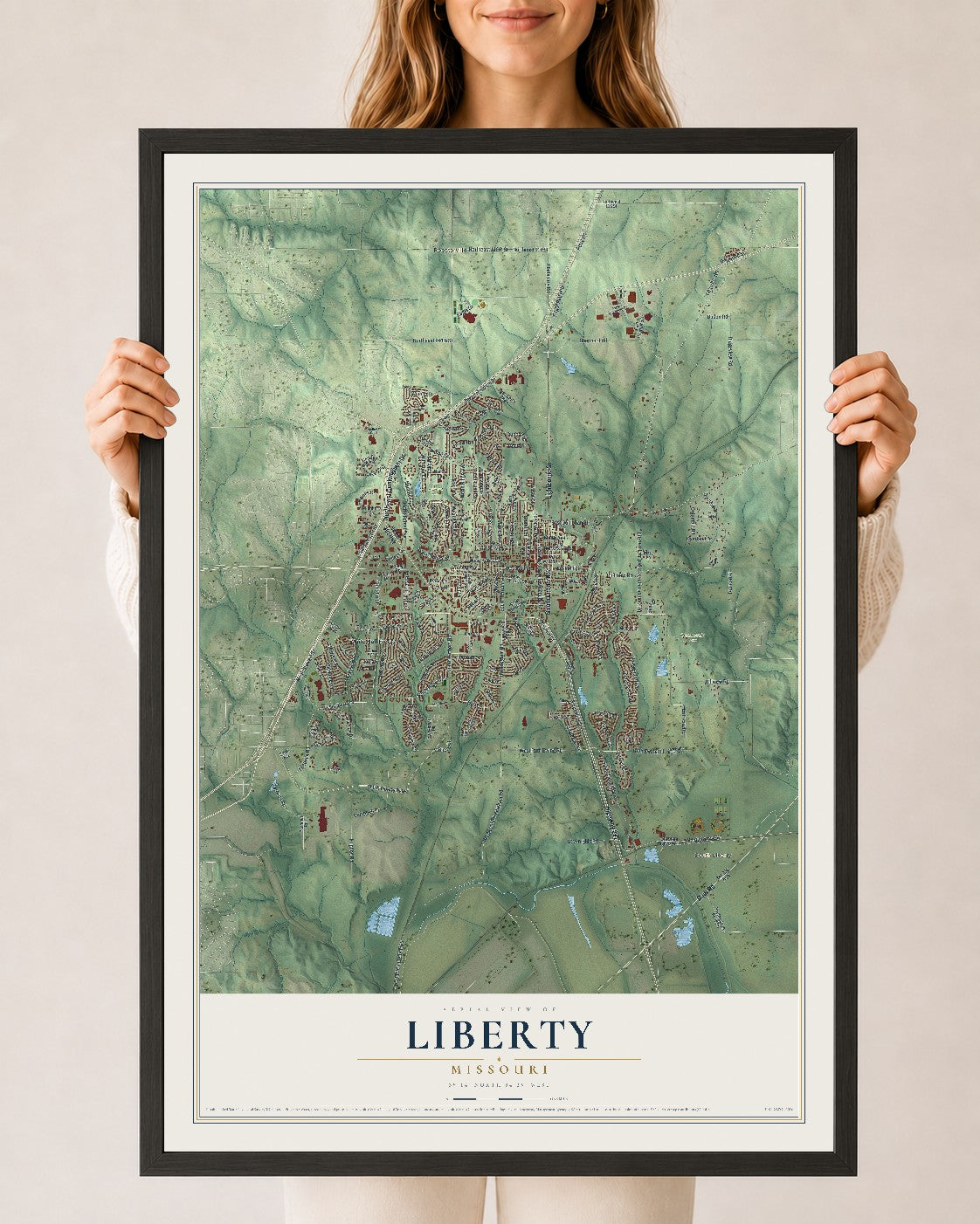Map of Liberty, Missouri, 24 x 36 inch print in a black wood frame