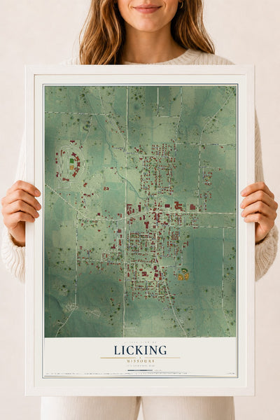 Map of Licking, Missouri, 18 x 24 inch print in a white wood frame