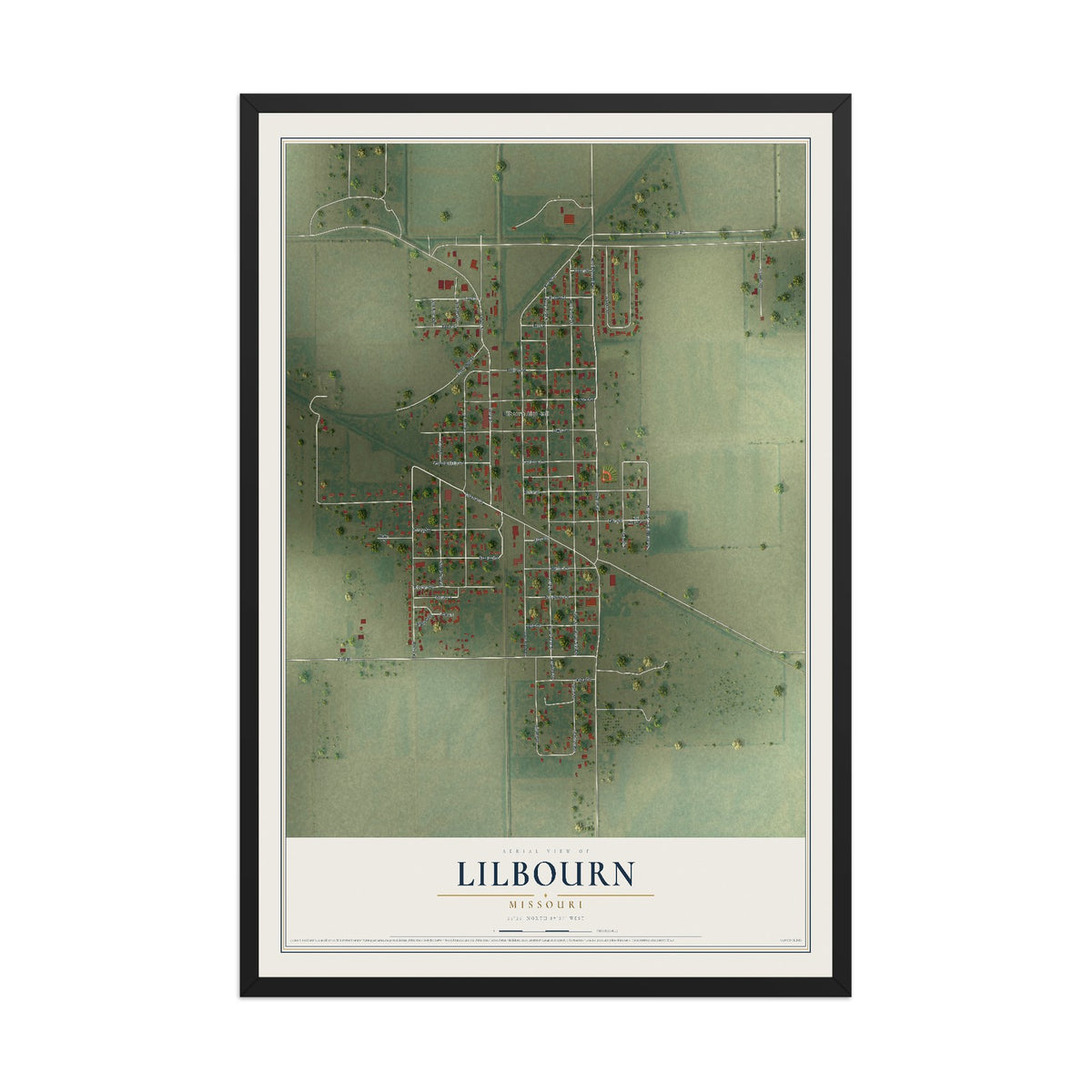 Map of Lilbourn, Missouri, 12 x 18 inch print in a black wood frame