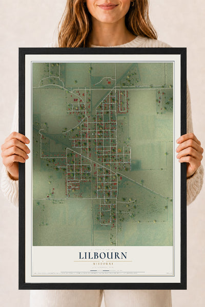 Map of Lilbourn, Missouri, 18 x 24 inch print in a black wood frame