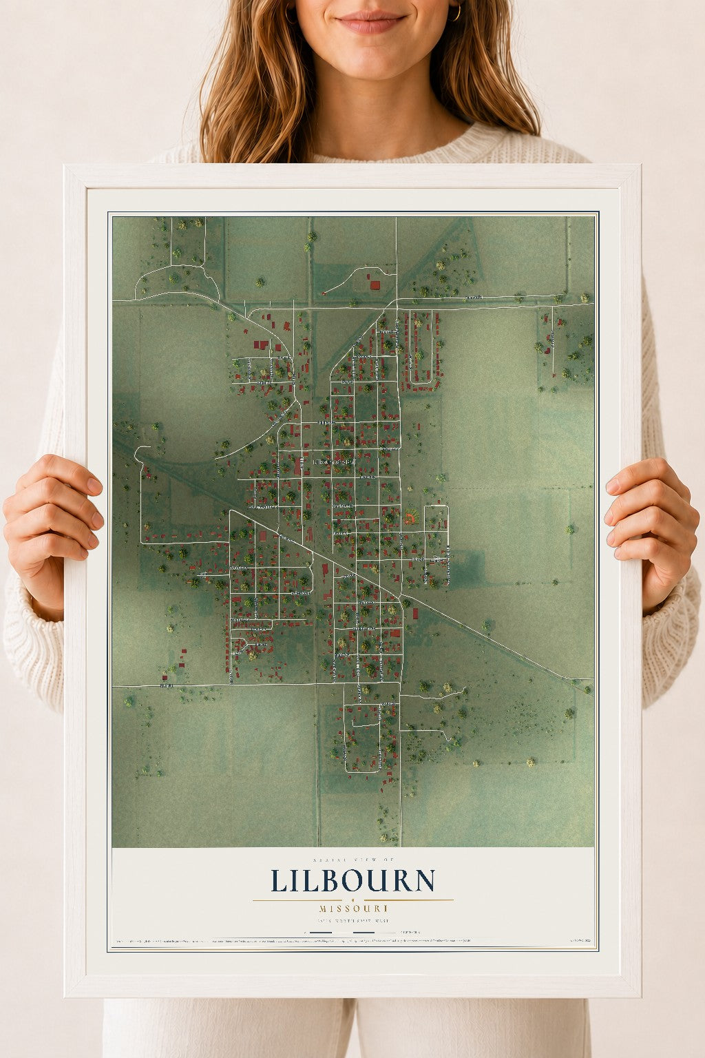 Map of Lilbourn, Missouri, 18 x 24 inch print in a white wood frame