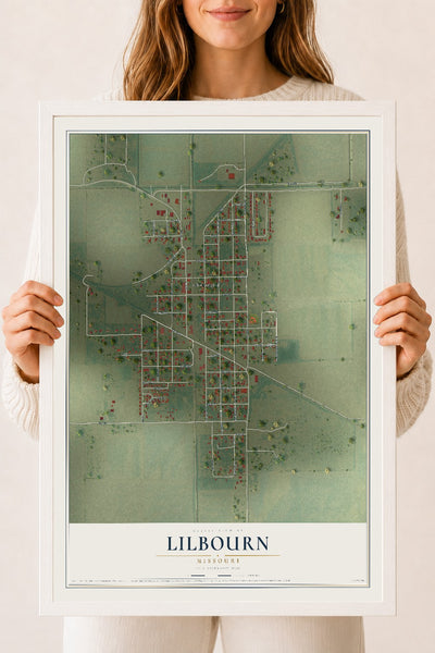 Map of Lilbourn, Missouri, 18 x 24 inch print in a white wood frame