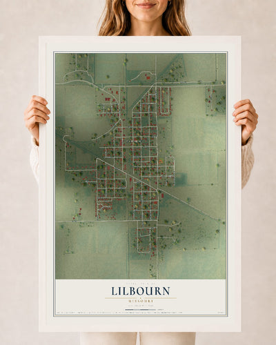 Map of Lilbourn, Missouri, 24 x 36 inch print in a white wood frame