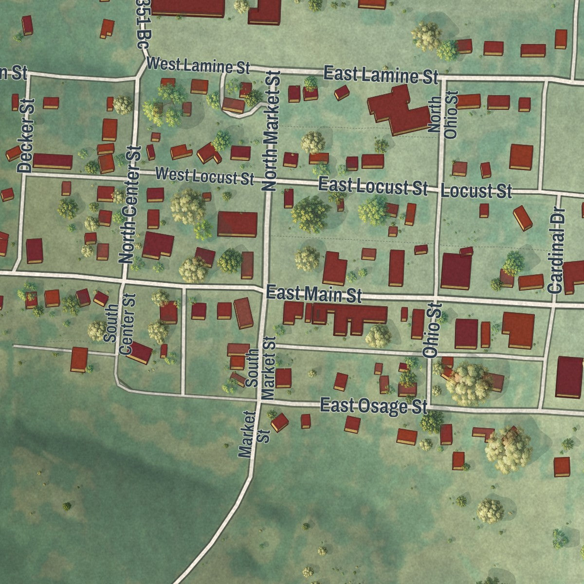 Second close-up of the map of Lincoln, Missouri print showing more streets and buildings