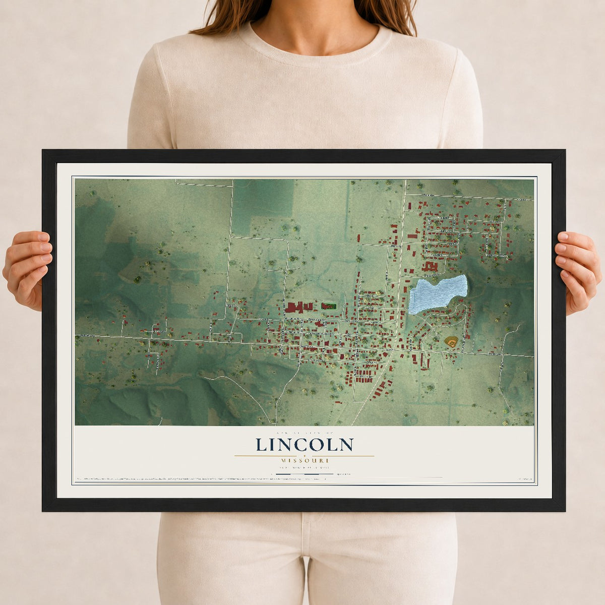 Map of Lincoln, Missouri, 12 x 18 inch print in a black wood frame