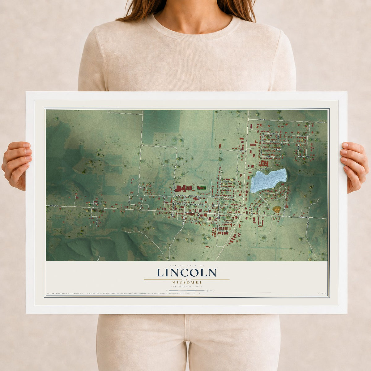 Map of Lincoln, Missouri, 12 x 18 inch print in a white wood frame
