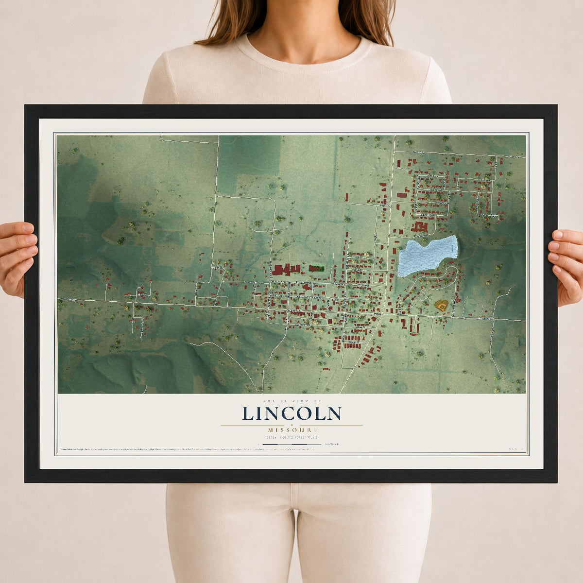 Map of Lincoln, Missouri, 18 x 24 inch print in a black wood frame