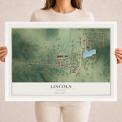 Map of Lincoln, Missouri, 18 x 24 inch print in a white wood frame