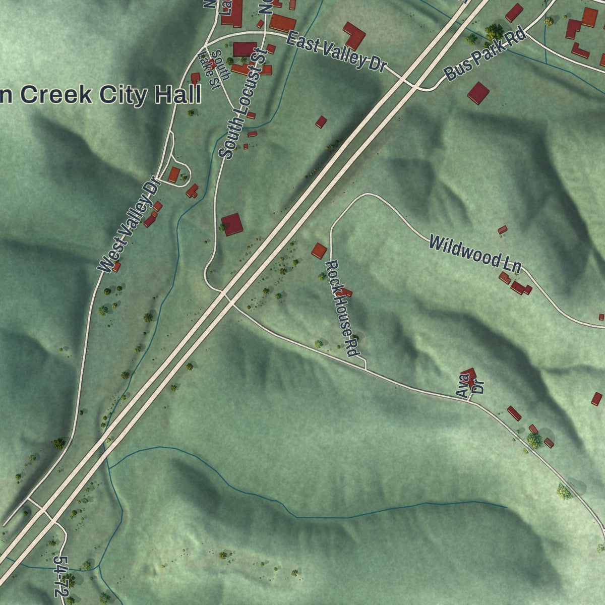 Close-up of the map of Linn Creek, Missouri print showing street and building detail