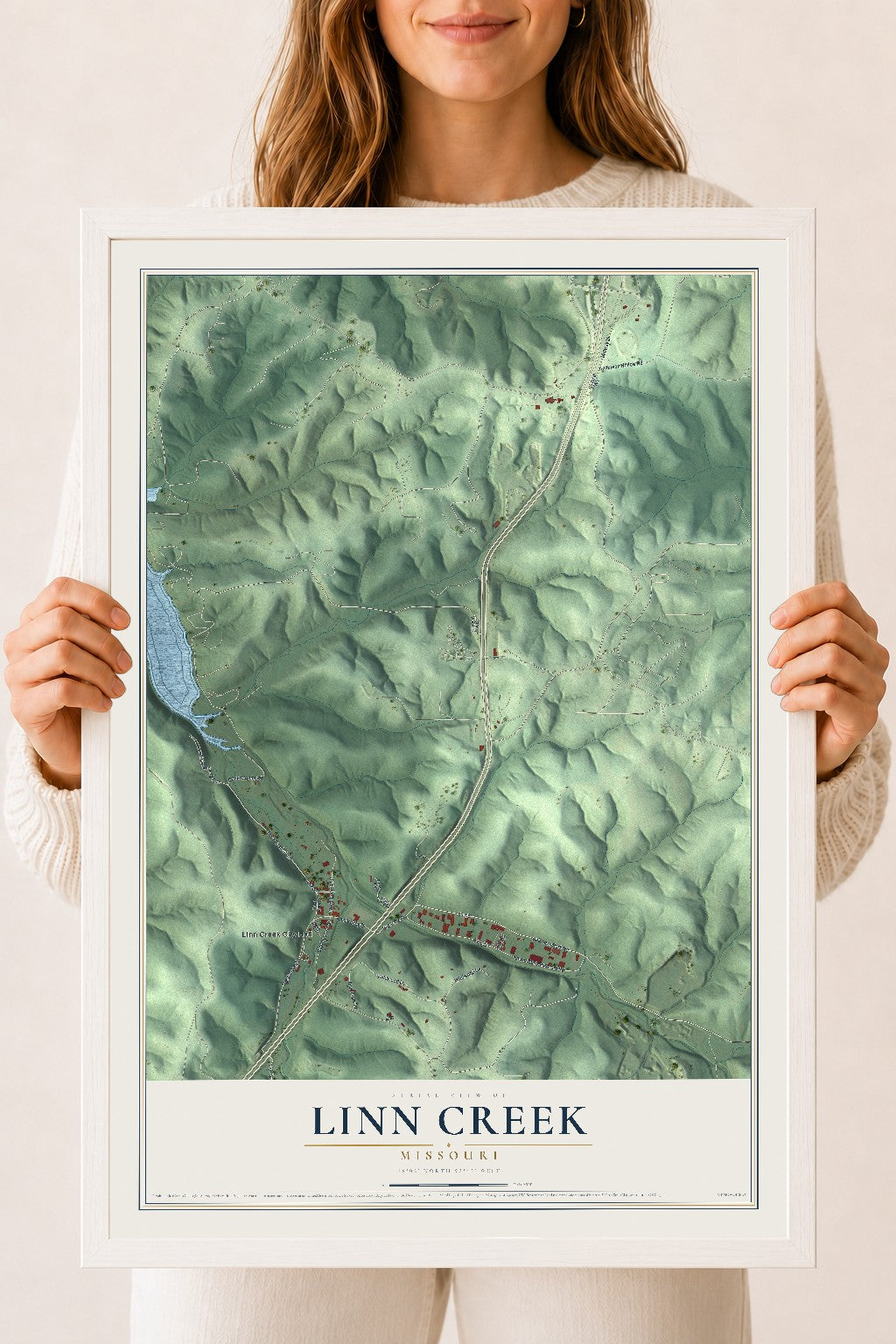 Map of Linn Creek, Missouri, 18 x 24 inch print in a white wood frame