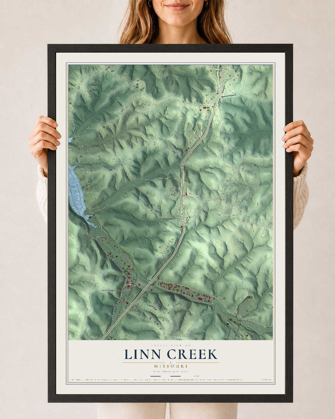 Map of Linn Creek, Missouri, 24 x 36 inch print in a black wood frame