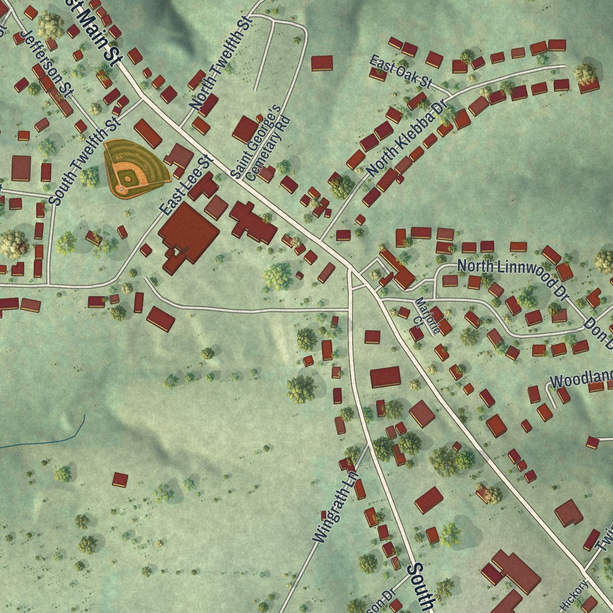 Close-up of the map of Linn, Missouri print showing street and building detail