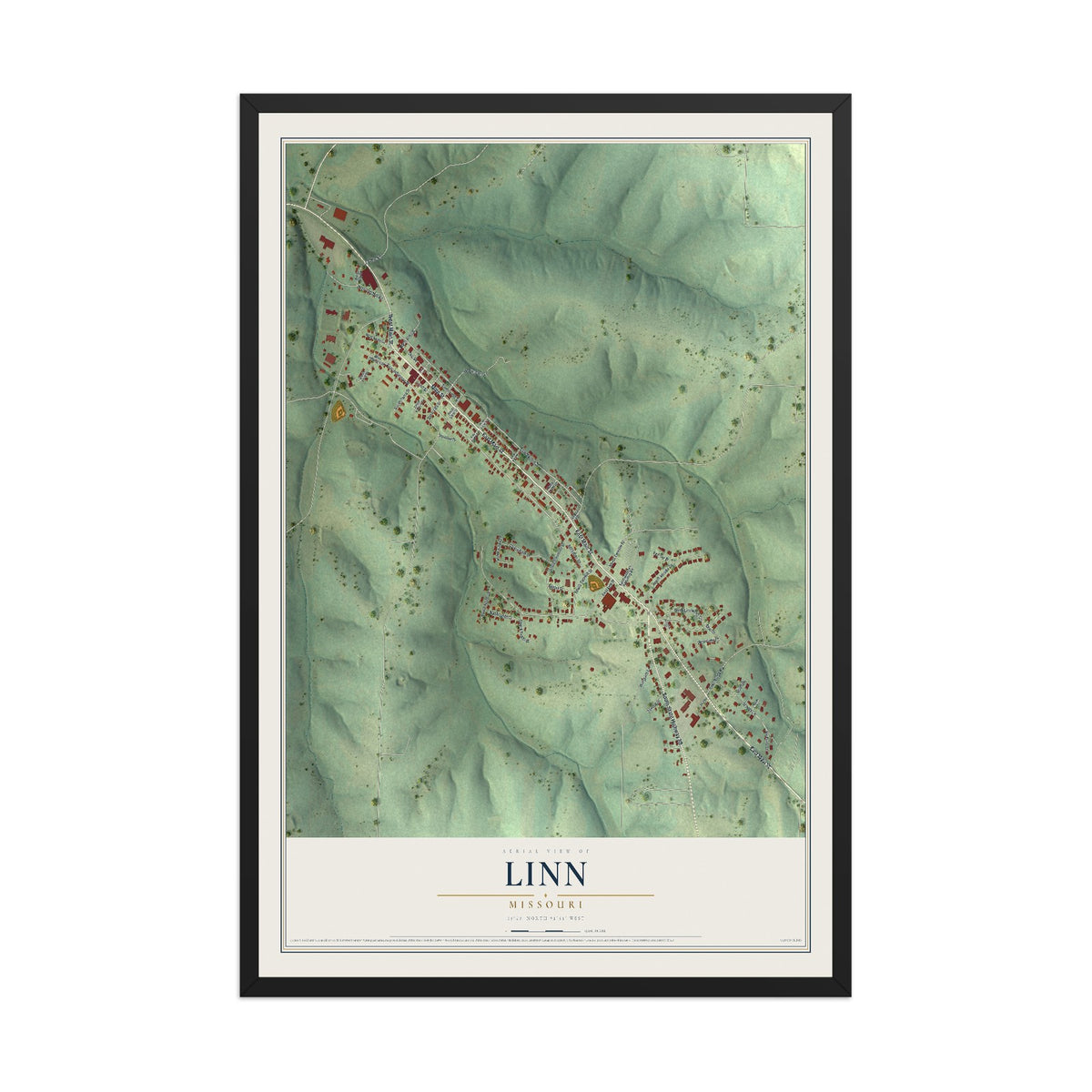 Map of Linn, Missouri, 12 x 18 inch print in a black wood frame