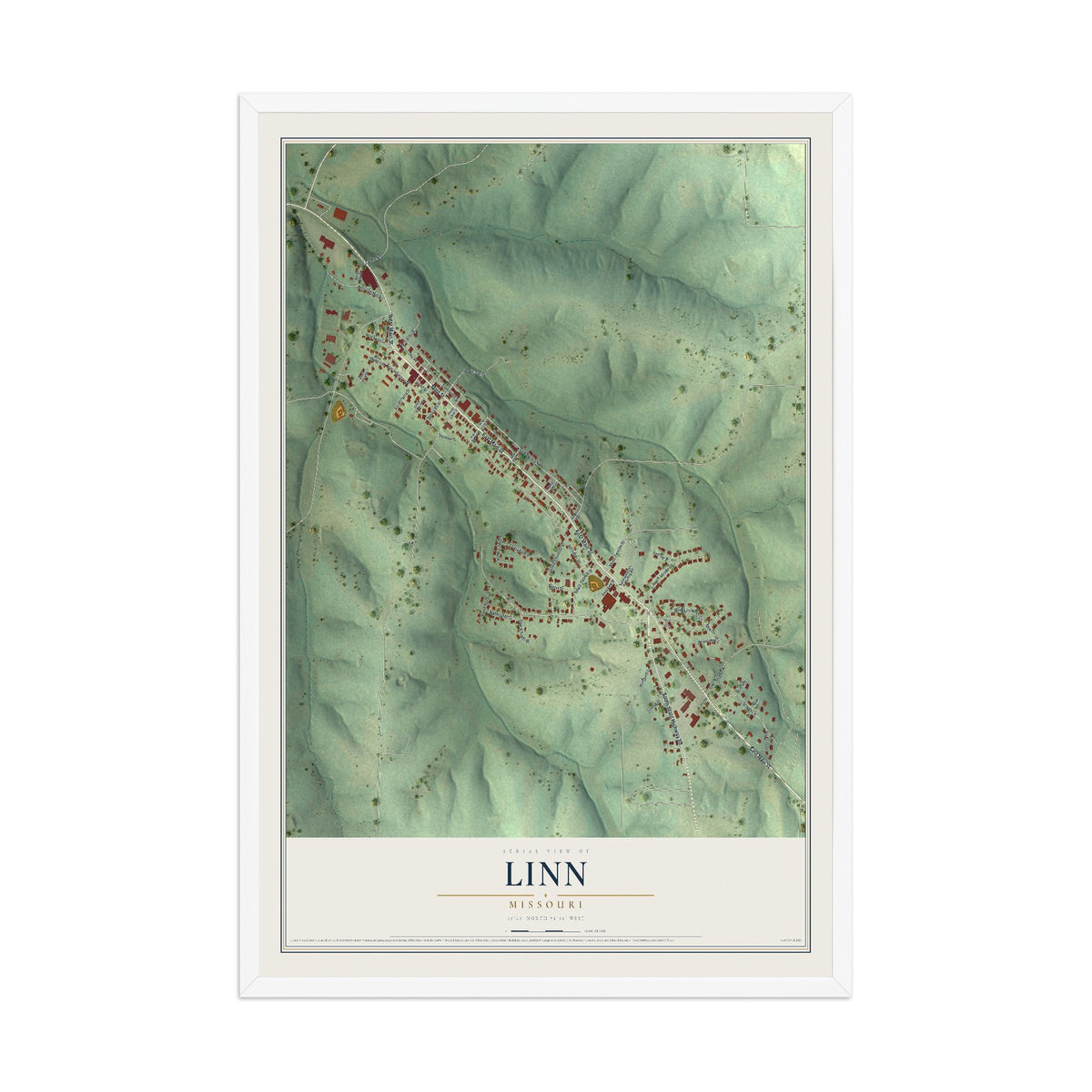 Map of Linn, Missouri, 12 x 18 inch print in a white wood frame