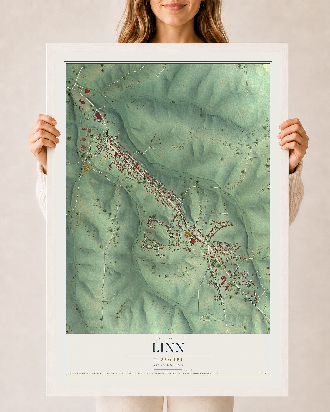 Map of Linn, Missouri, 24 x 36 inch print in a white wood frame