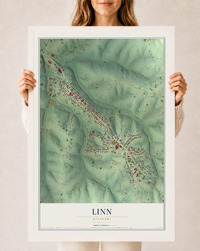 Map of Linn, Missouri, 24 x 36 inch print in a white wood frame