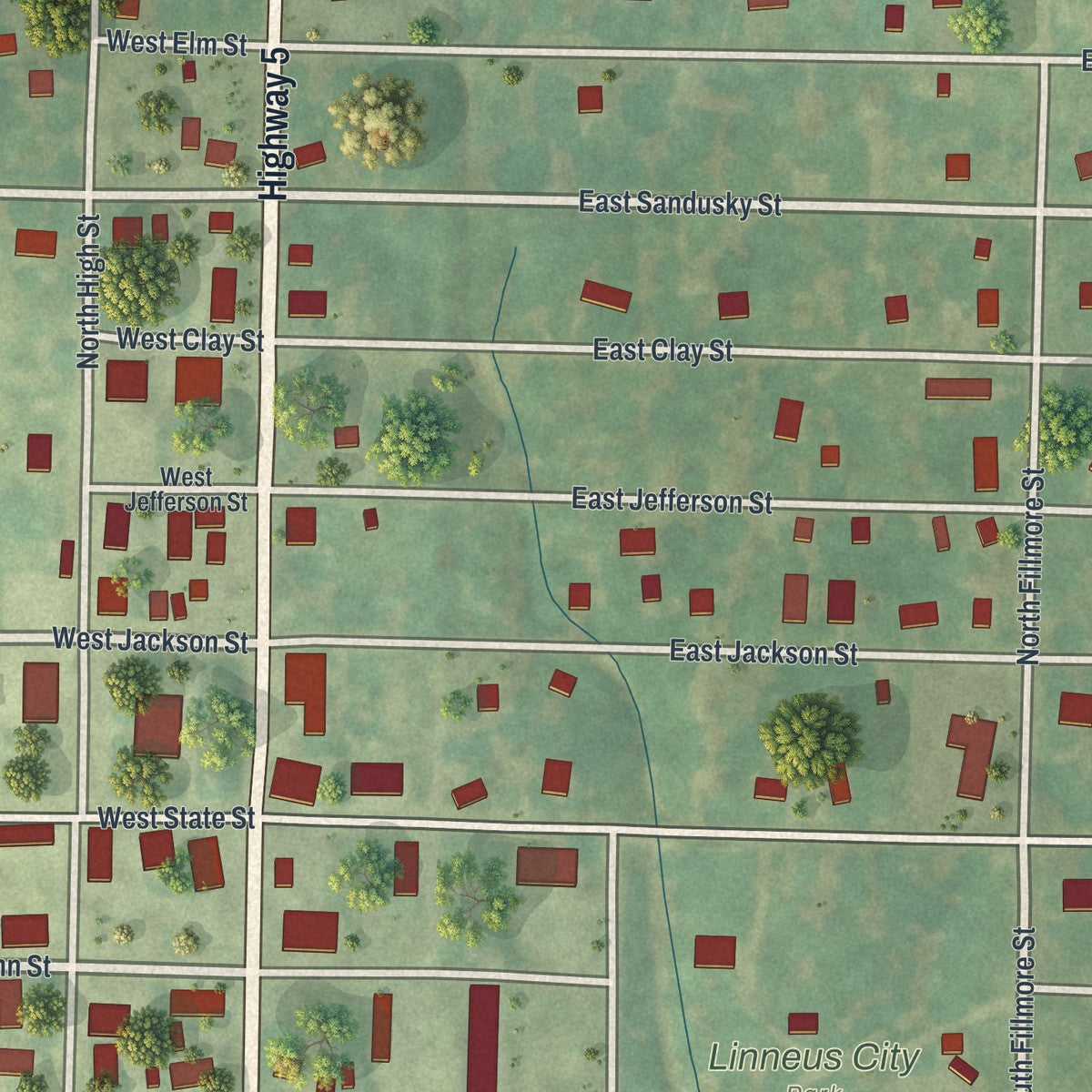 Close-up of the map of Linneus, Missouri print showing street and building detail