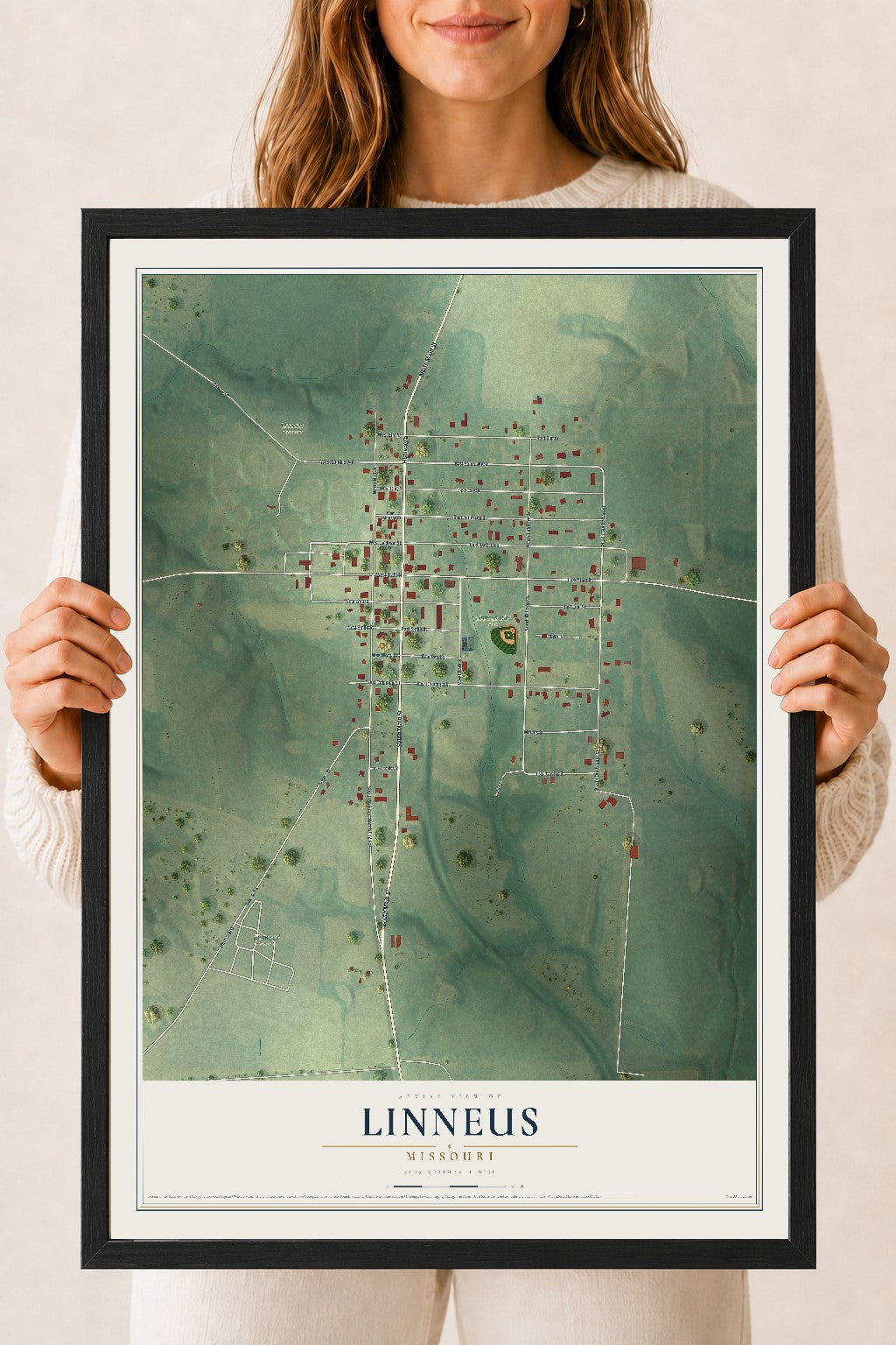 Map of Linneus, Missouri, 18 x 24 inch print in a black wood frame
