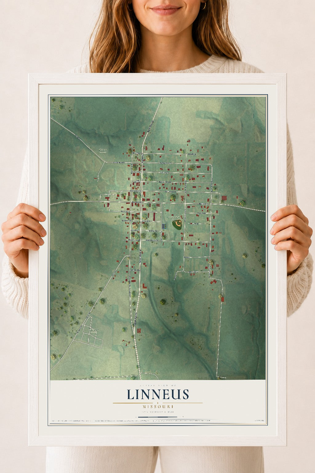 Map of Linneus, Missouri, 18 x 24 inch print in a white wood frame