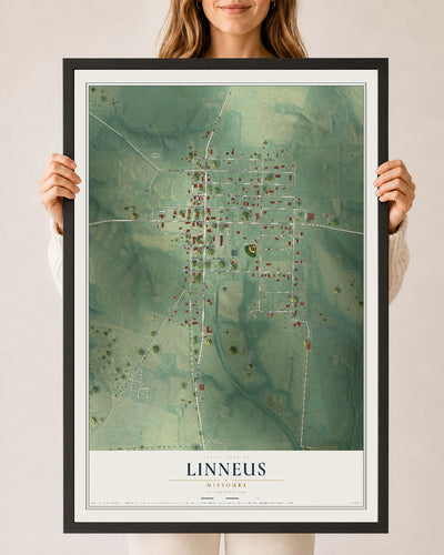 Map of Linneus, Missouri, 24 x 36 inch print in a black wood frame