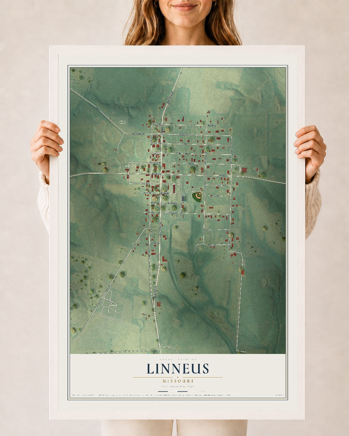 Map of Linneus, Missouri, 24 x 36 inch print in a white wood frame