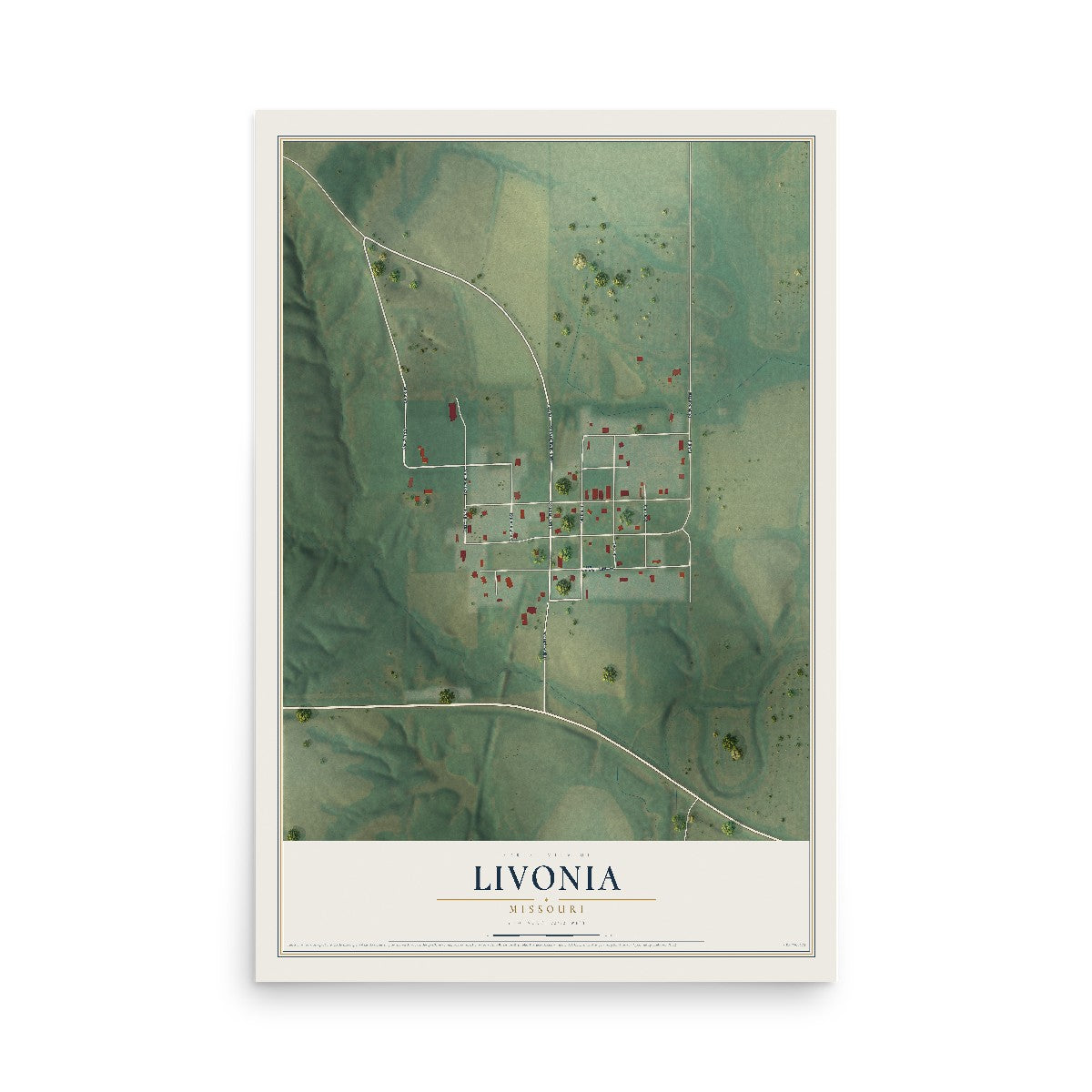 Map of Livonia, Missouri, 12 x 18 inch unframed archival matte print
