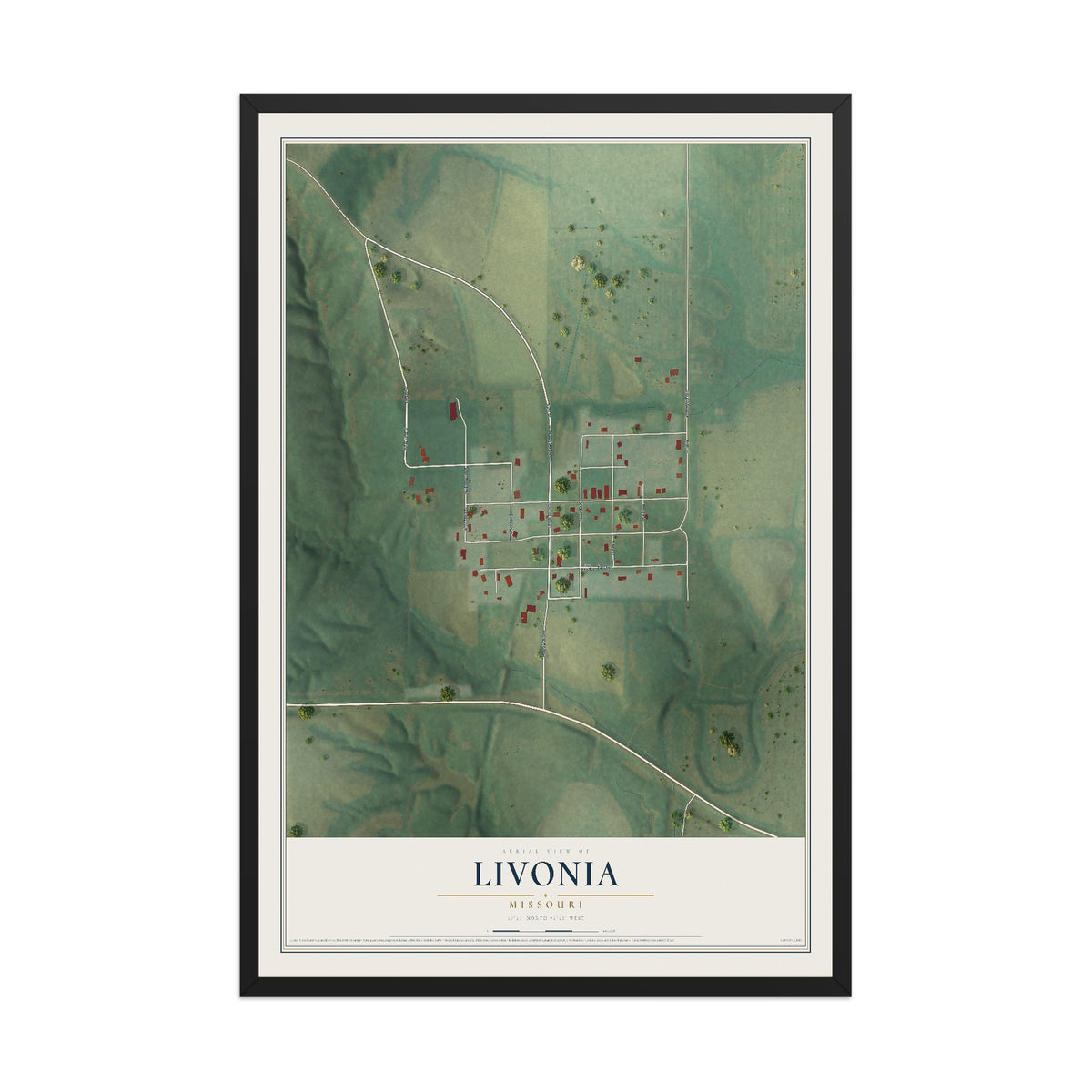 Map of Livonia, Missouri, 12 x 18 inch print in a black wood frame