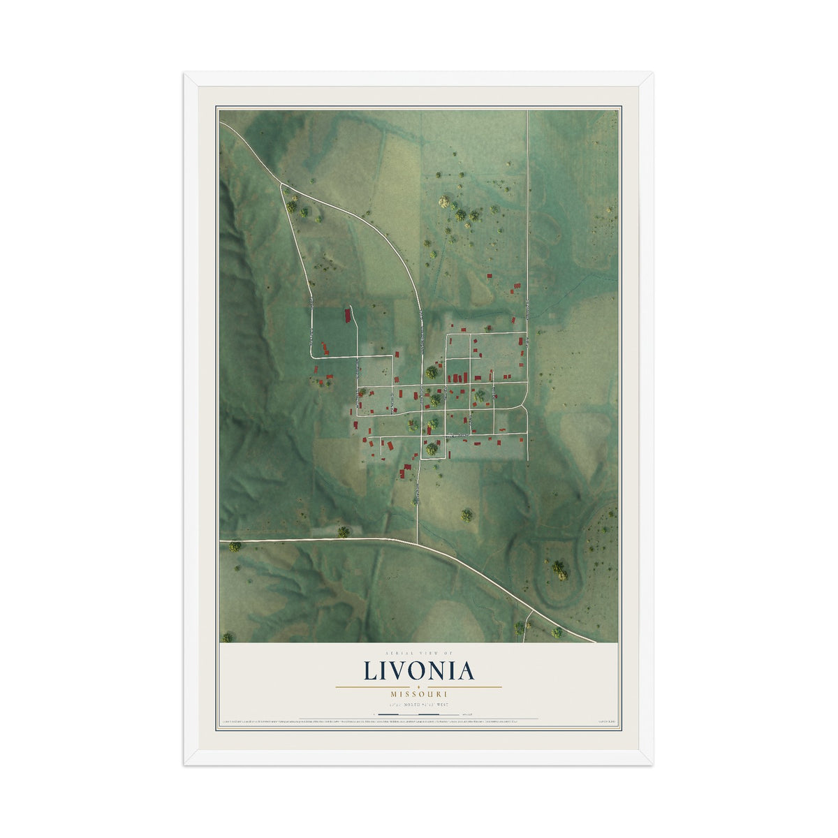 Map of Livonia, Missouri, 12 x 18 inch print in a white wood frame