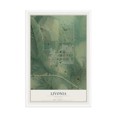 Map of Livonia, Missouri, 12 x 18 inch print in a white wood frame