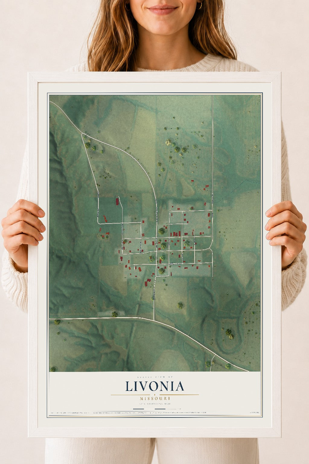 Map of Livonia, Missouri, 18 x 24 inch print in a white wood frame